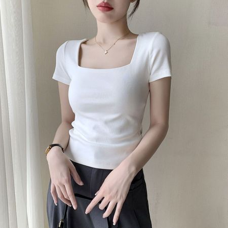 Square Neck Short Sleeve T-Shirt Slim Fit Cropped Top